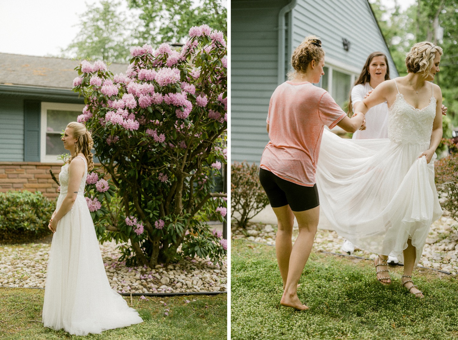 brides getting in position for first look backyard micro wedding