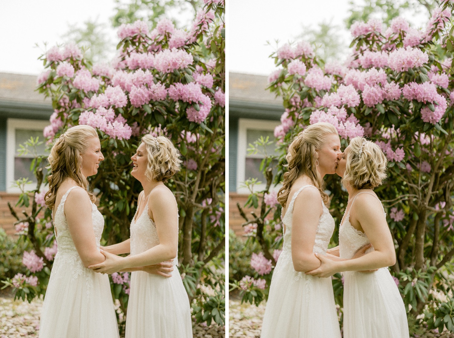 brides laughing kissing first look backyard micro wedding