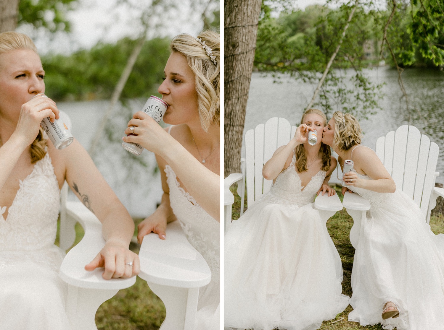 brides drinking hard seltzer in lawn chairs lakeside backyard micro wedding