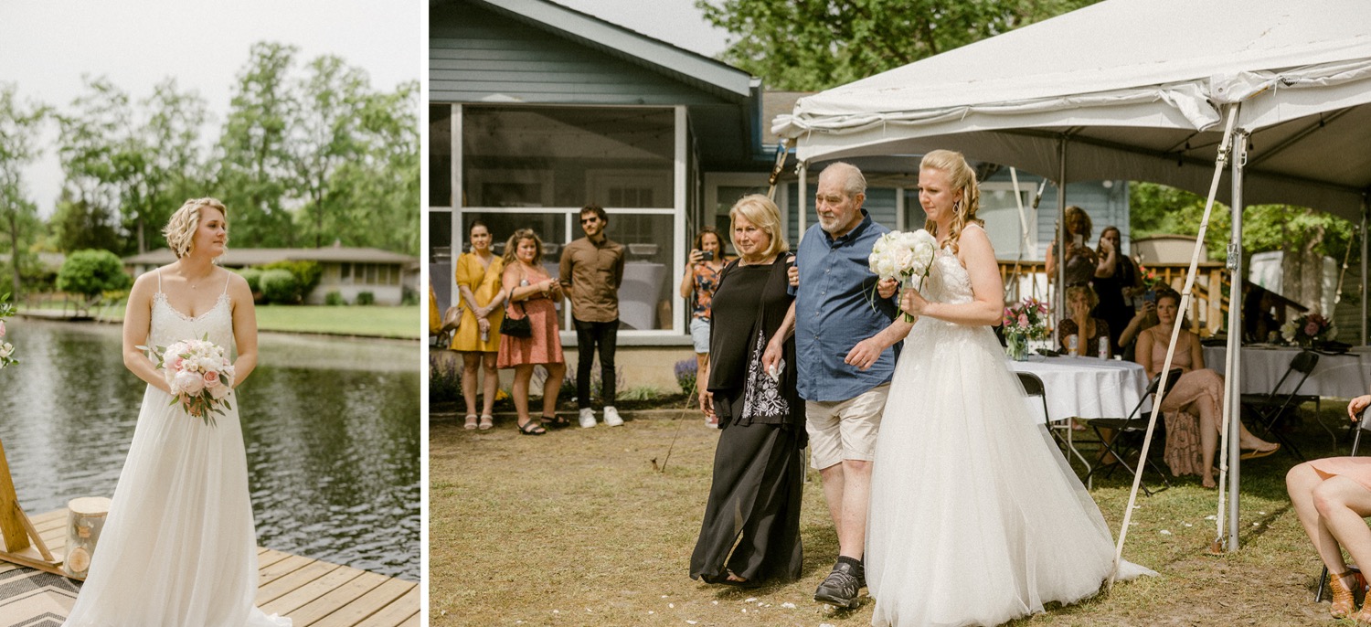 brides emotional reaction to partner getting walked down the aisle backyard micro wedding