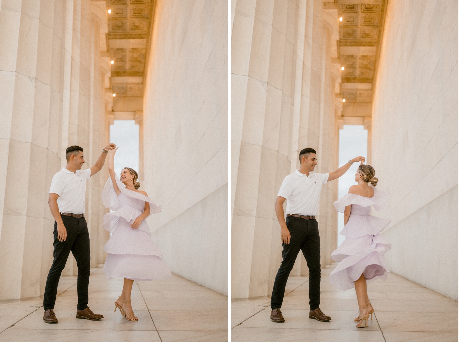couple twirling at monuments washington dc engagement session
