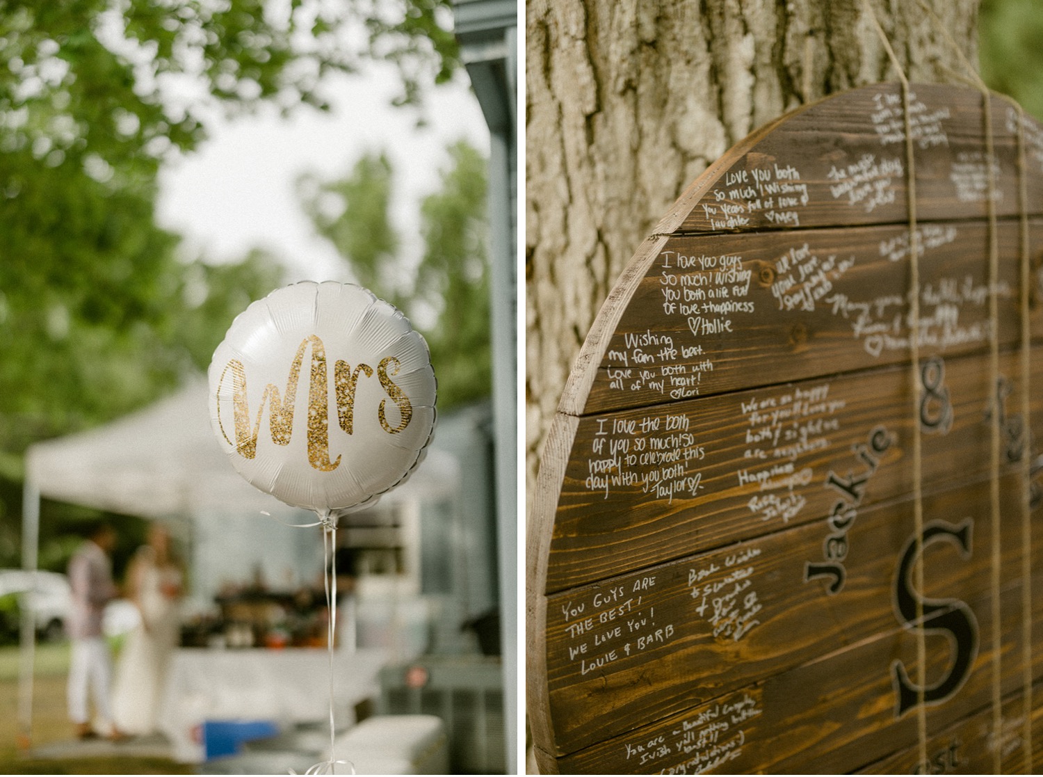 mrs balloon and signed wooden guest book backyard micro wedding details