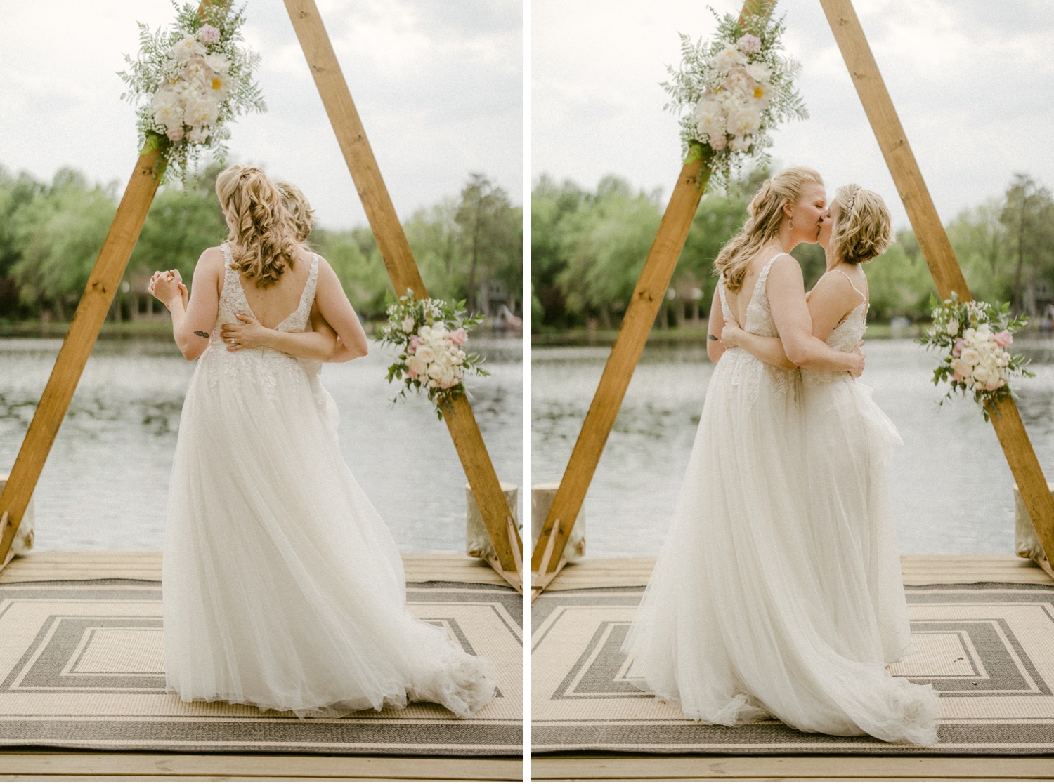 brides dancing and kissing during first dance lakeside backyard micro wedding