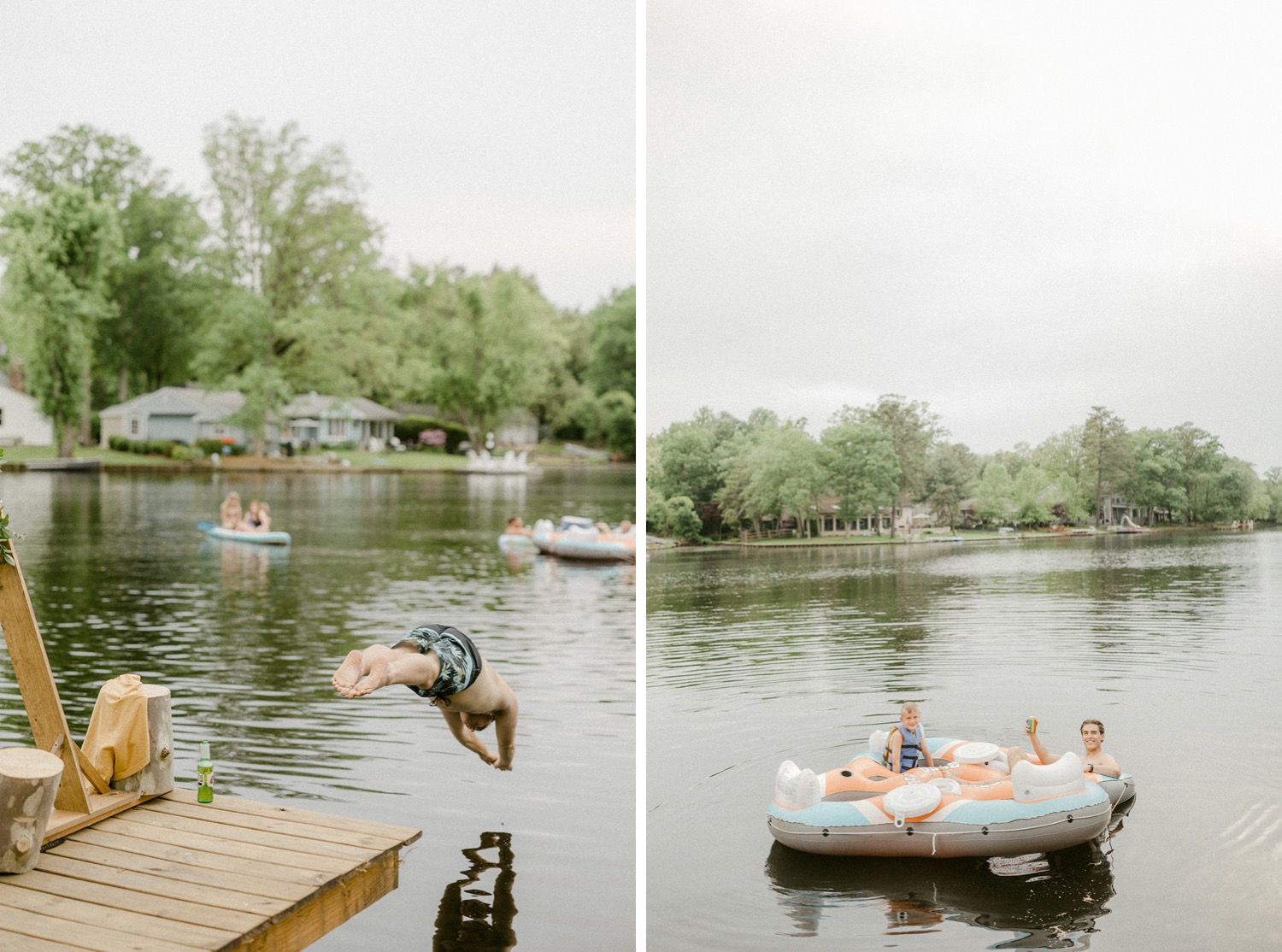 diving into lake and floating on tube backyard micro wedding