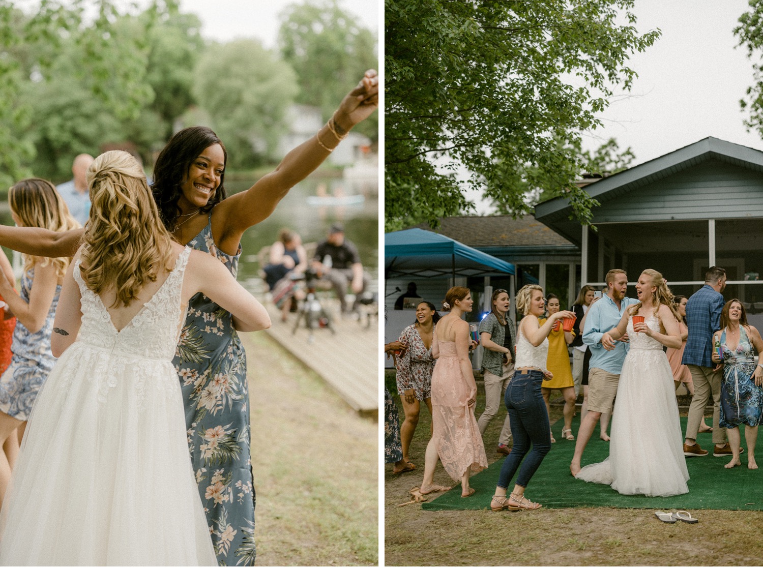 brides dancing partying during backyard micro wedding