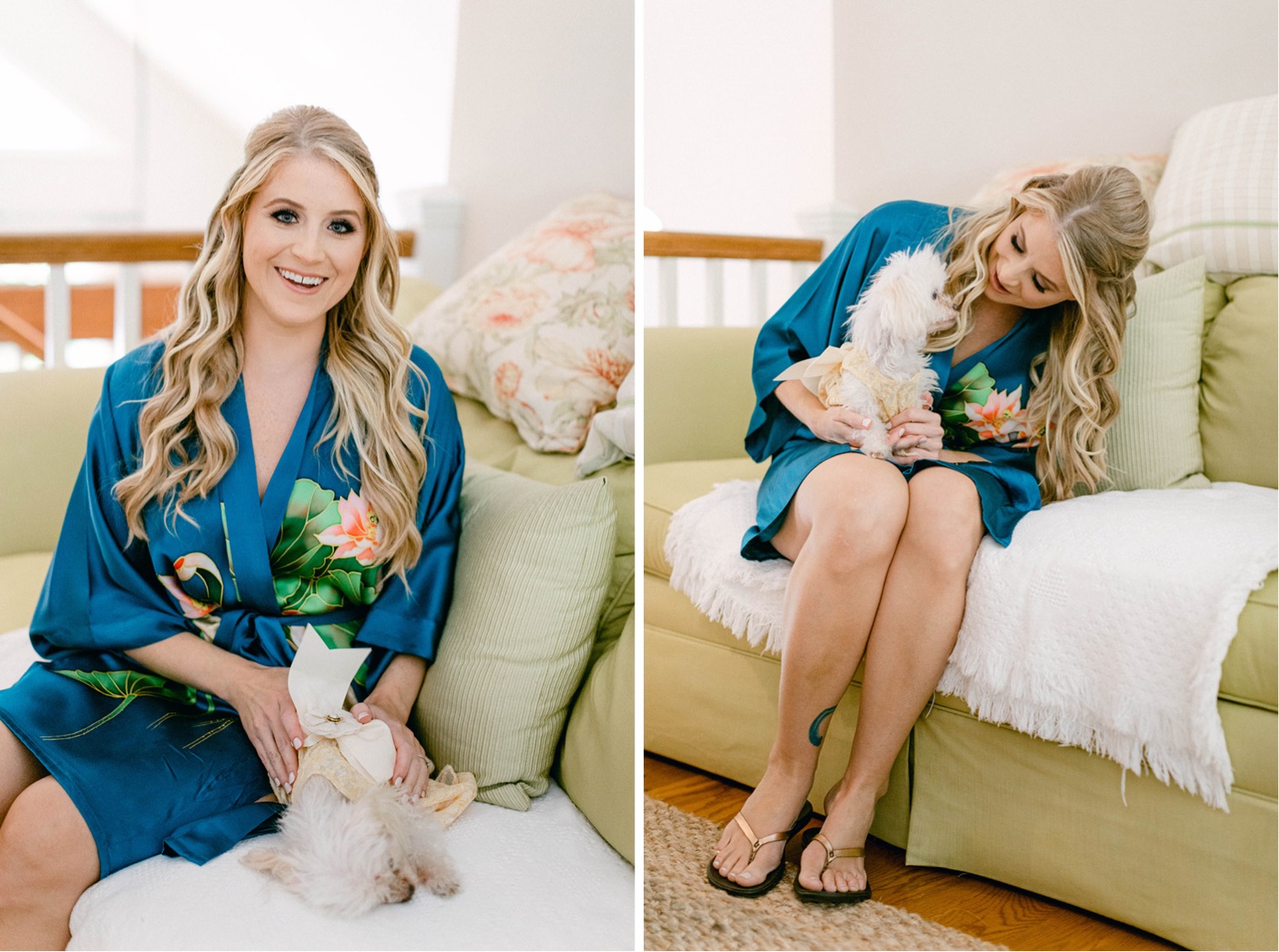 bride wearing robe and petting dog