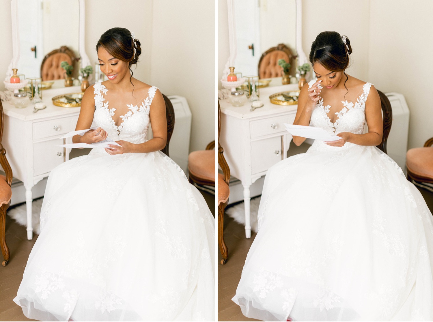 bride reading letter from groom emotional laughing crying