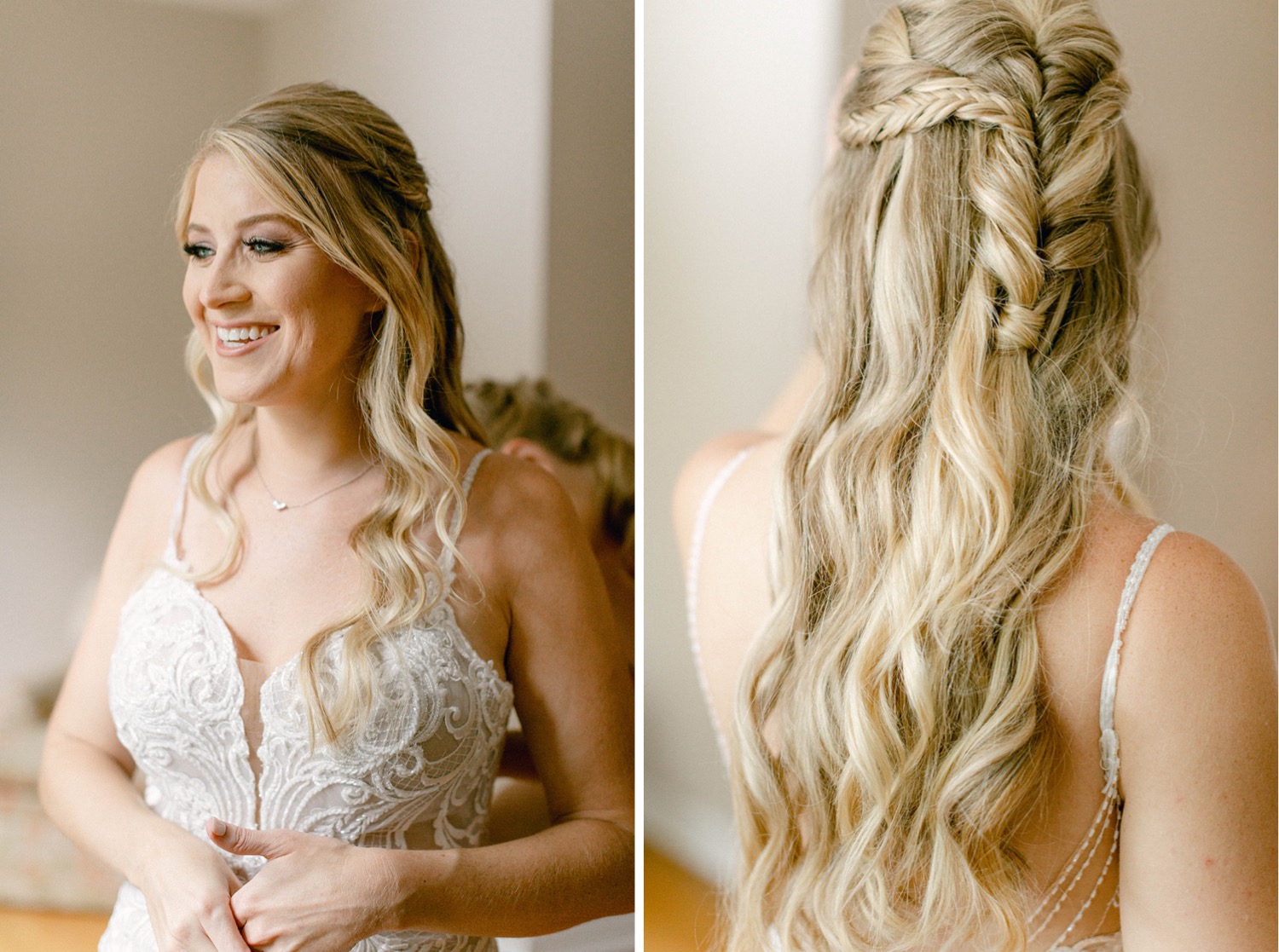 bride smiling, half up wedding hair