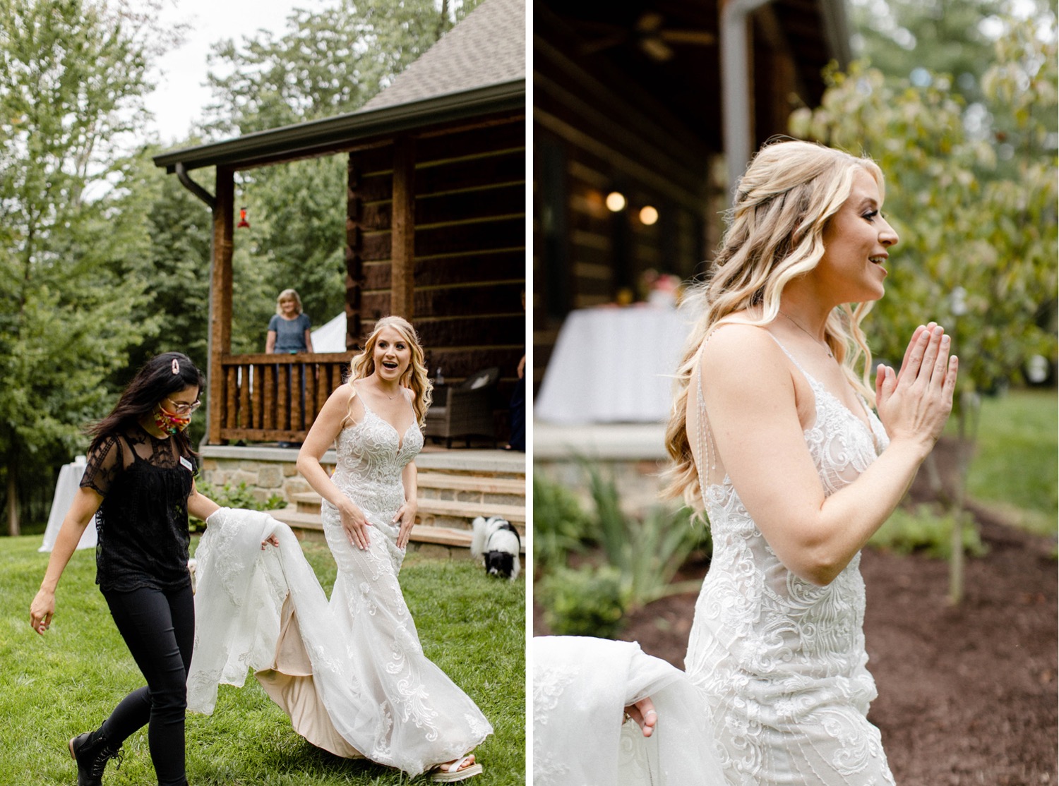 bride reacting to details of backyard wedding
