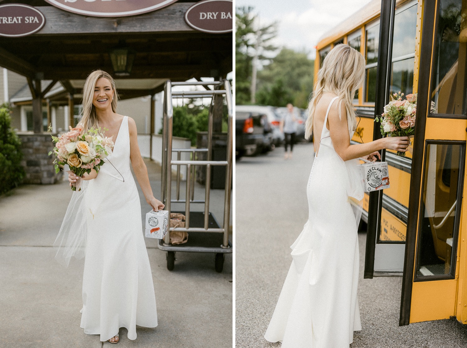 bride carrying white claw and bouquet getting on school bus