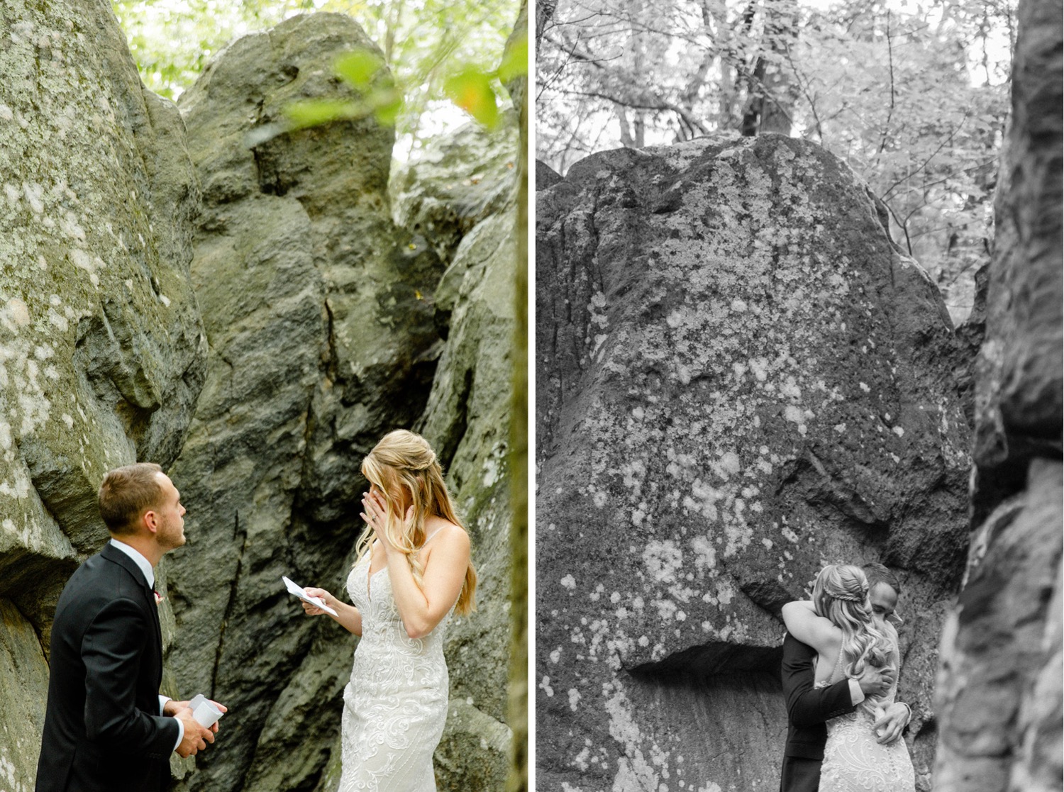 bride crying during private vows in forest, couple hugging