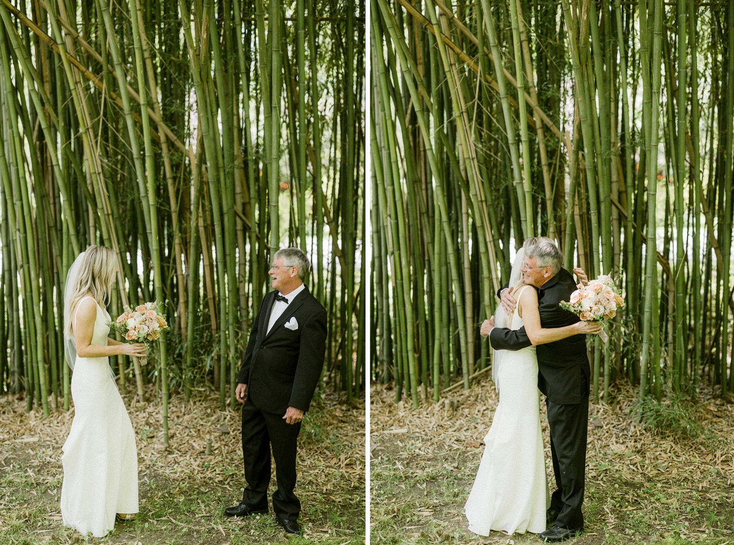 bride and dad first look bamboo wall the old mill wedding