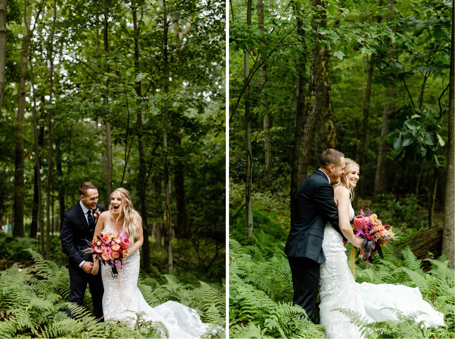 couples portrait in forest backyard micro wedding