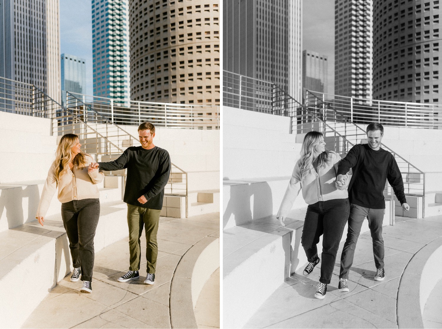 playful engagement photos couple in downtown tampa bay