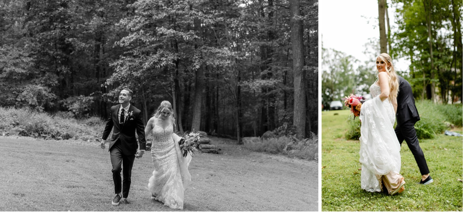 bride and groom walking in forest backyard micro wedding
