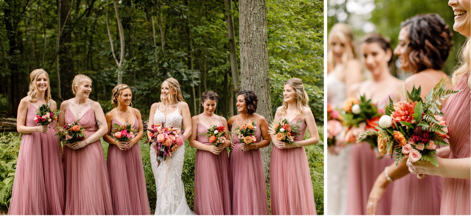 bridemaids flower bouquets long pink dresses