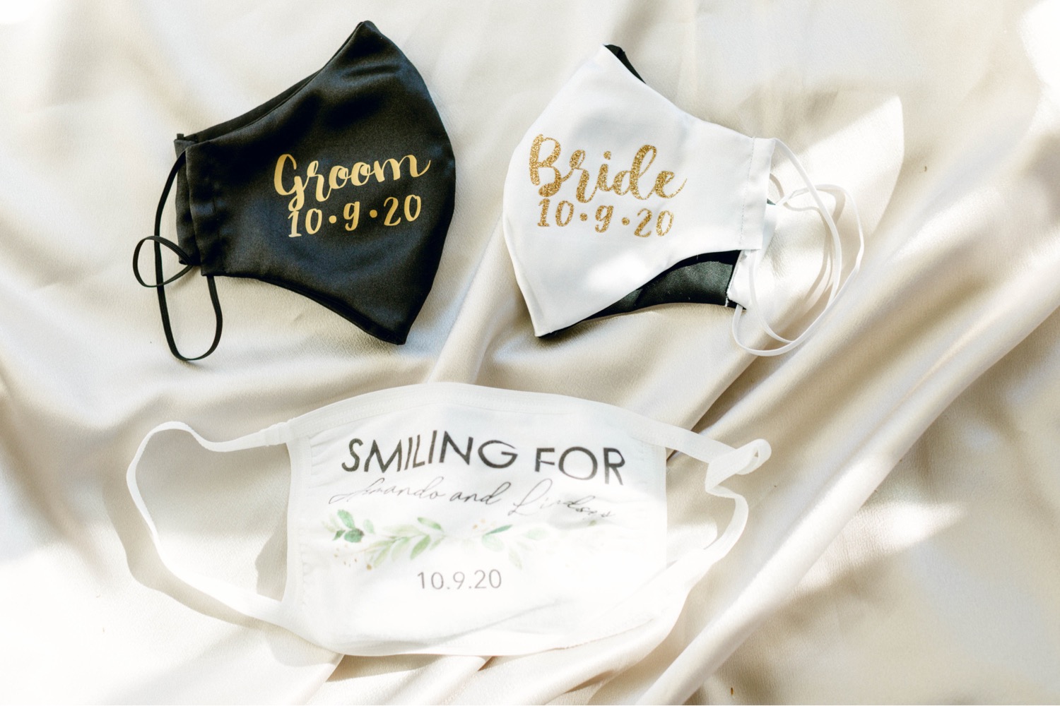 bride and groom face covering masks wedding