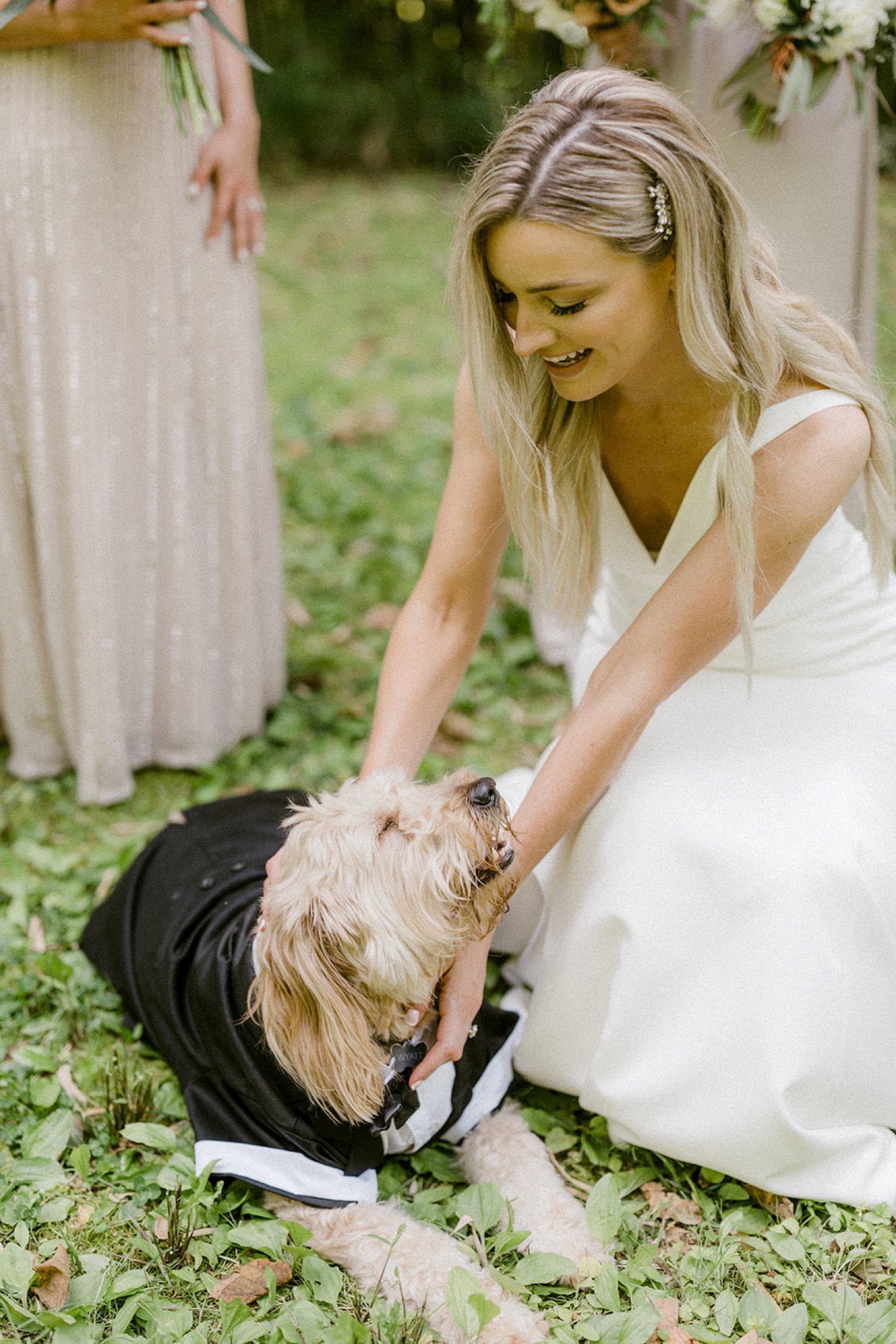 bride petting dog at wedding