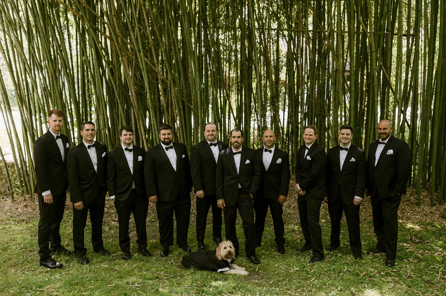 groomsmen photo with dog in front of bamboo wall