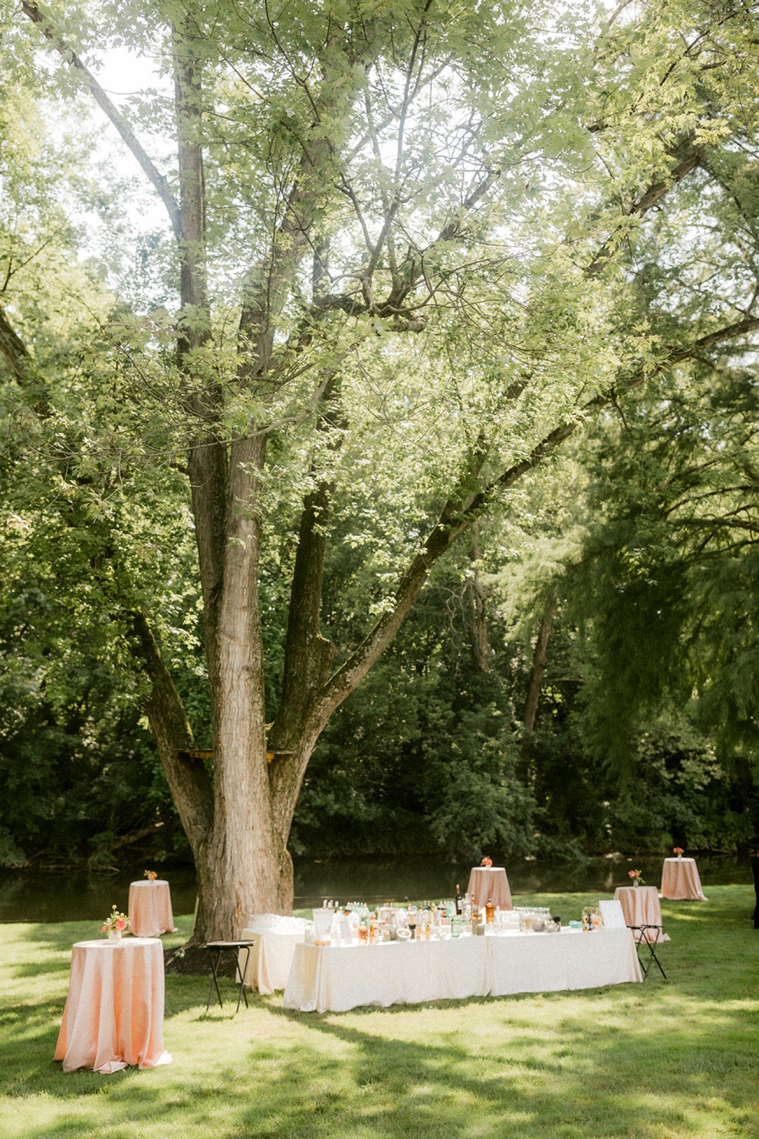 bar and tables under tree dreamy backyard wedding
