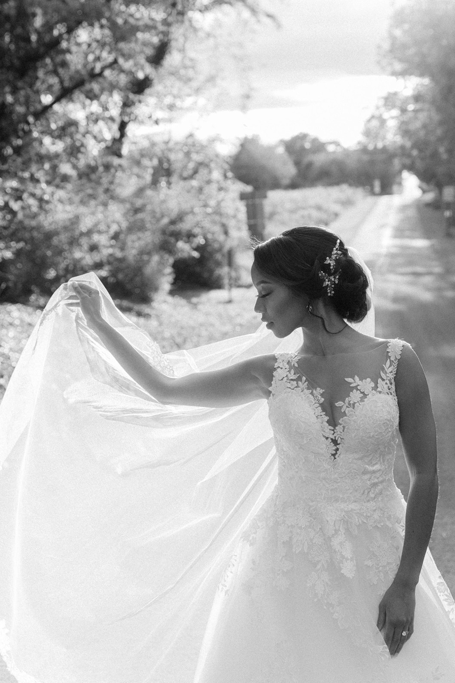 bride with veil sunlight fairytale wedding at historic shady lane