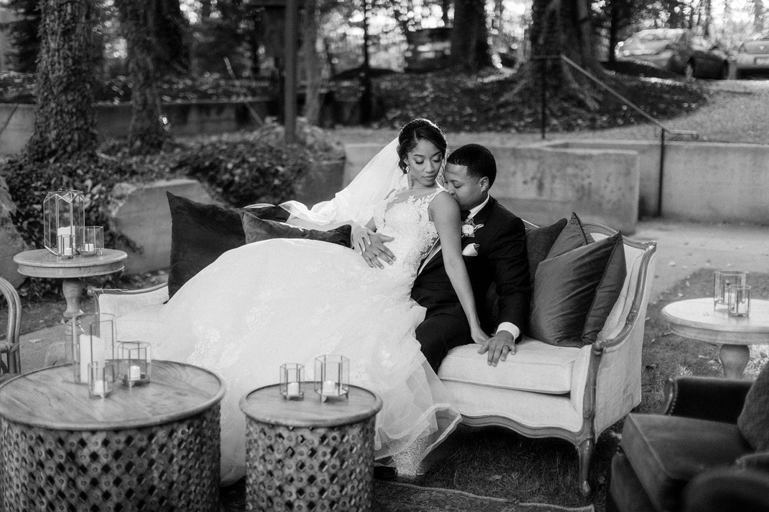 bride and groom on couch fairytale wedding at historic shady lane