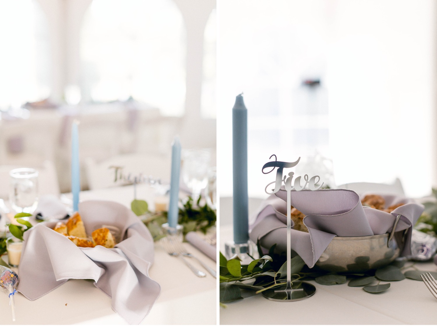 blue candles and lavender napkins fairytale wedding at historic shady lane