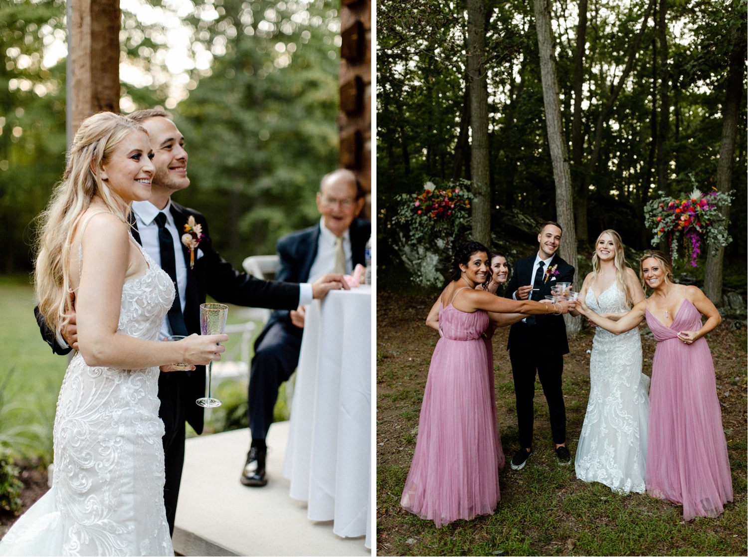 bride and groom greeting guests at wedding reception, taking shot with bridesmaids