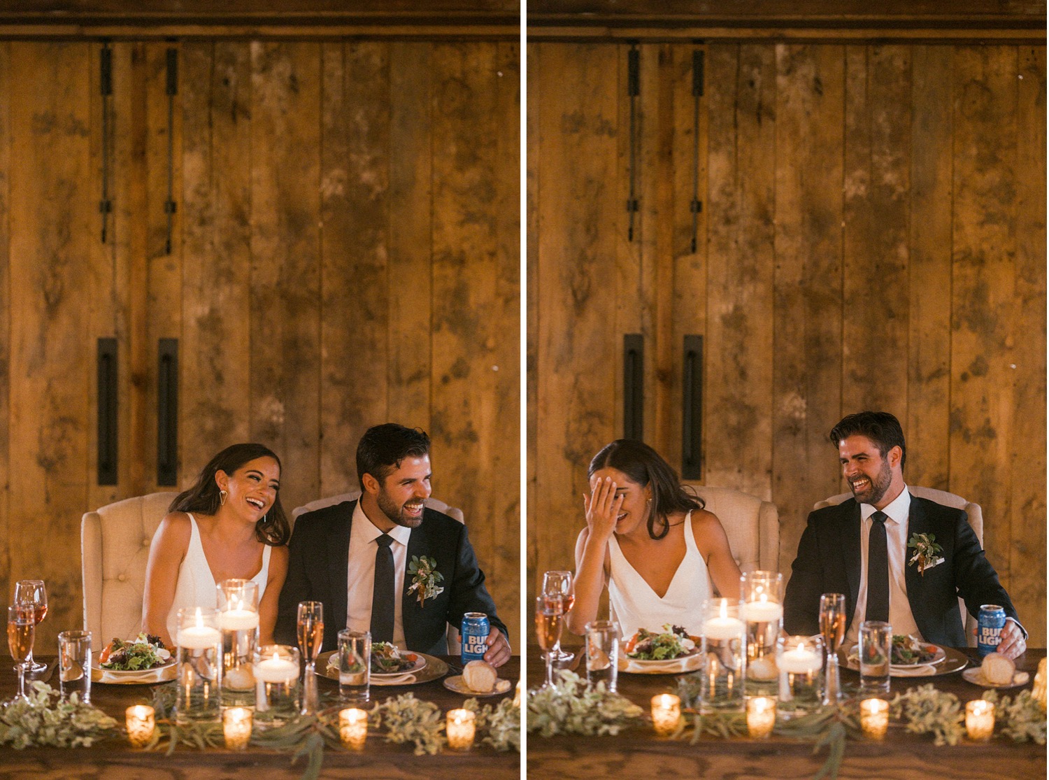 bride and groom laughing during toasts rustic barn Farm at Eagles Ridge