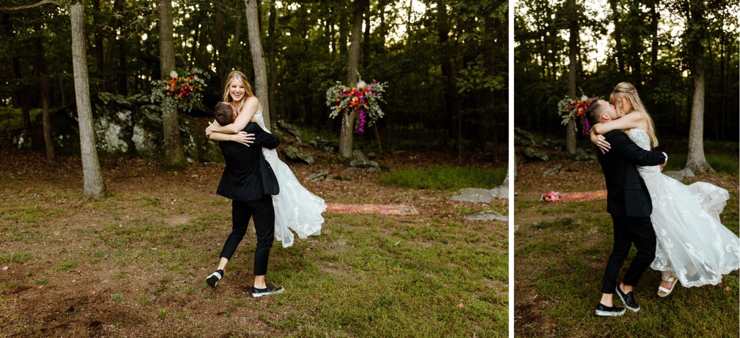 couples portraits groom swinging bride in backyard wedding