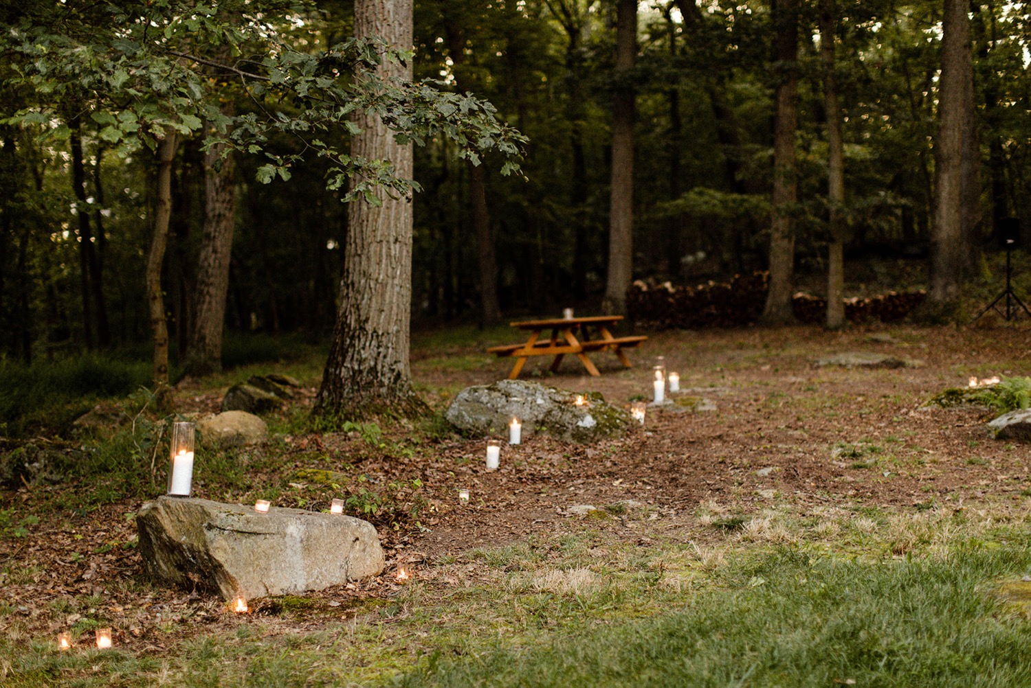 candlelit walk path to dance floor in forest backyard micro wedding