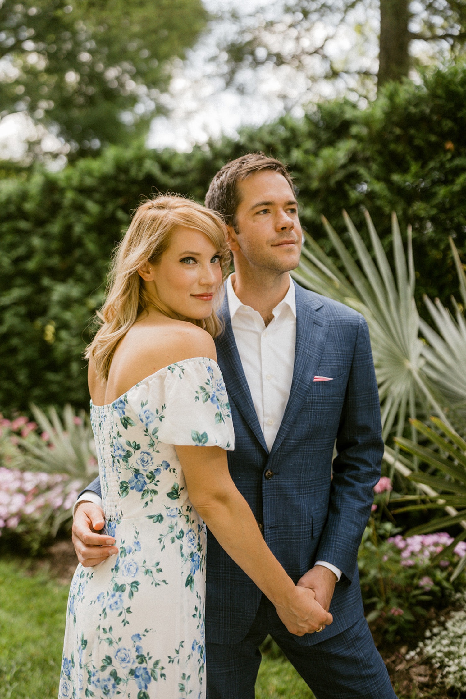 longwood gardens engagement session formal couple greenery