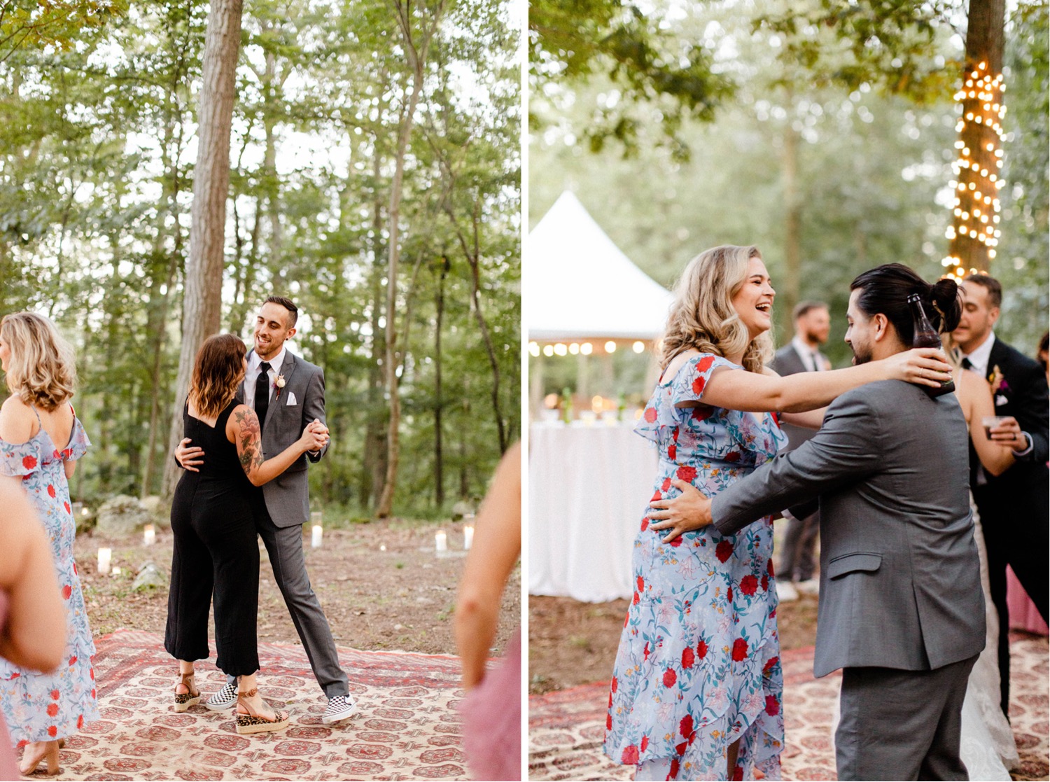 guests dancing in forest backyard wedding