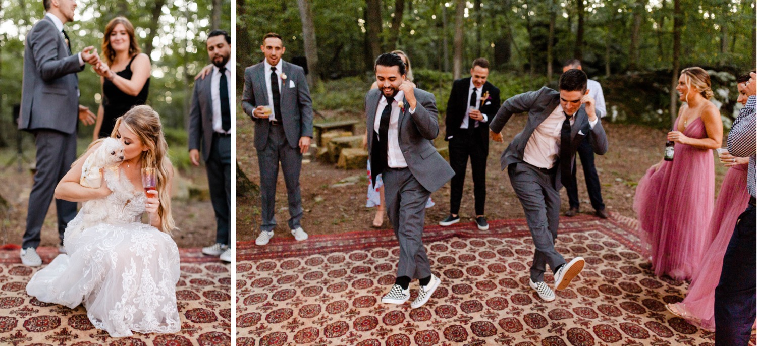 guests dancing on carpet dance floor bohemian backyard wedding