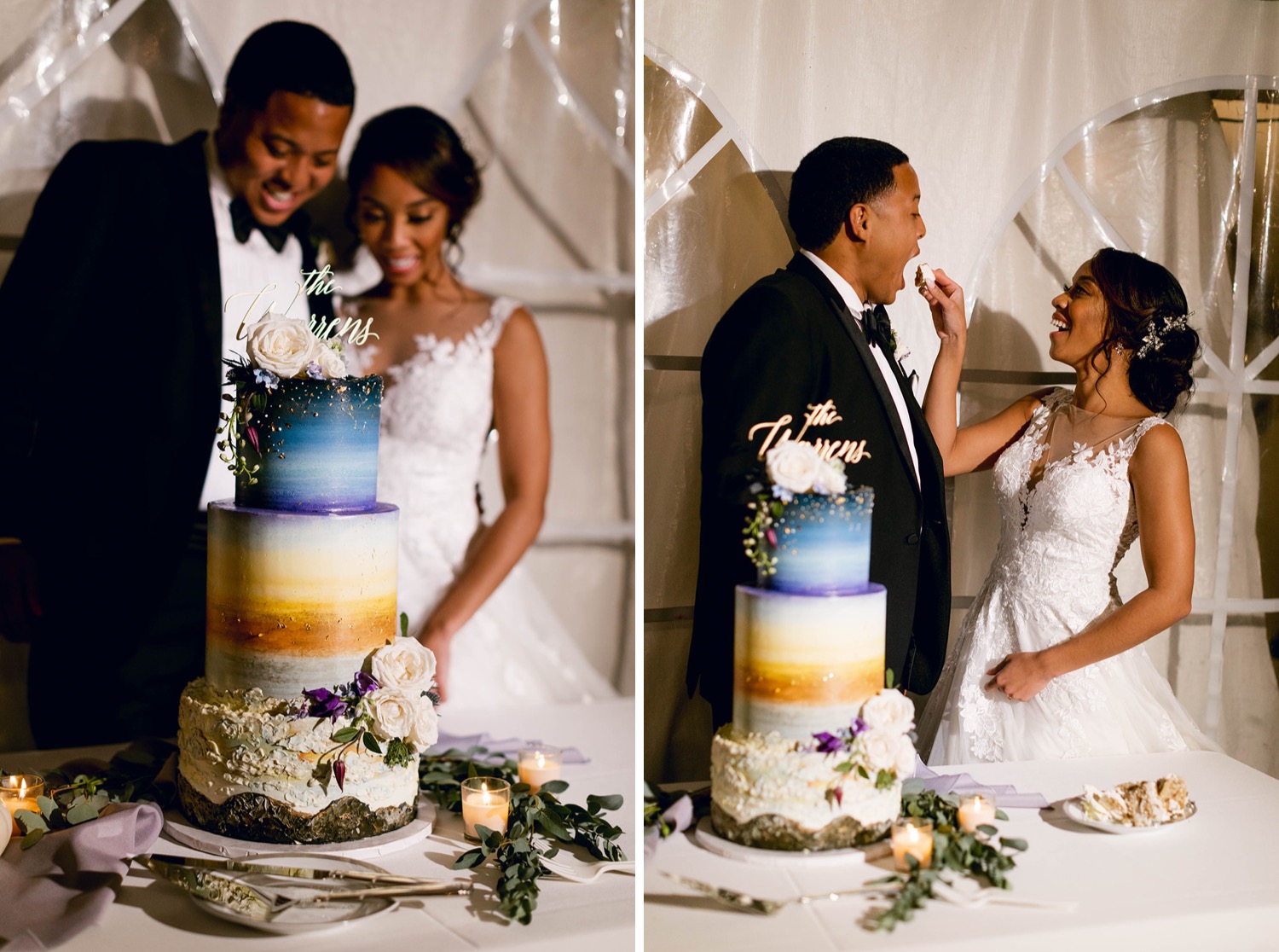 couple cutting and eating celestial themed wedding cake
