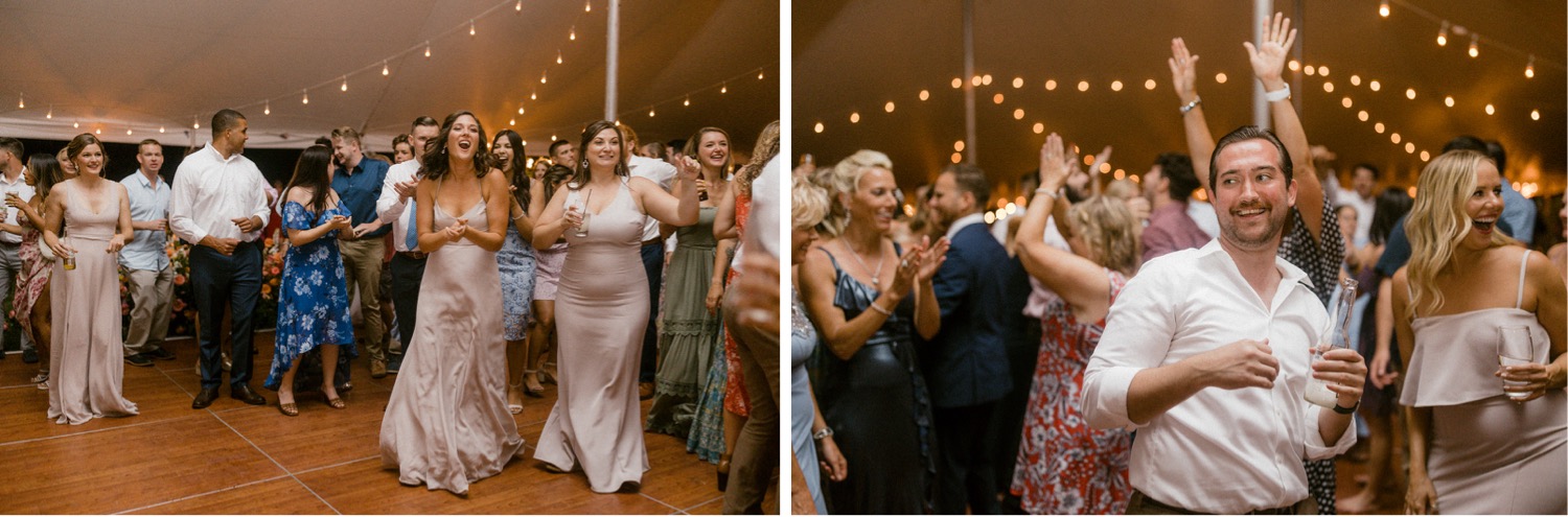 wedding guests laughing dancing wedding reception