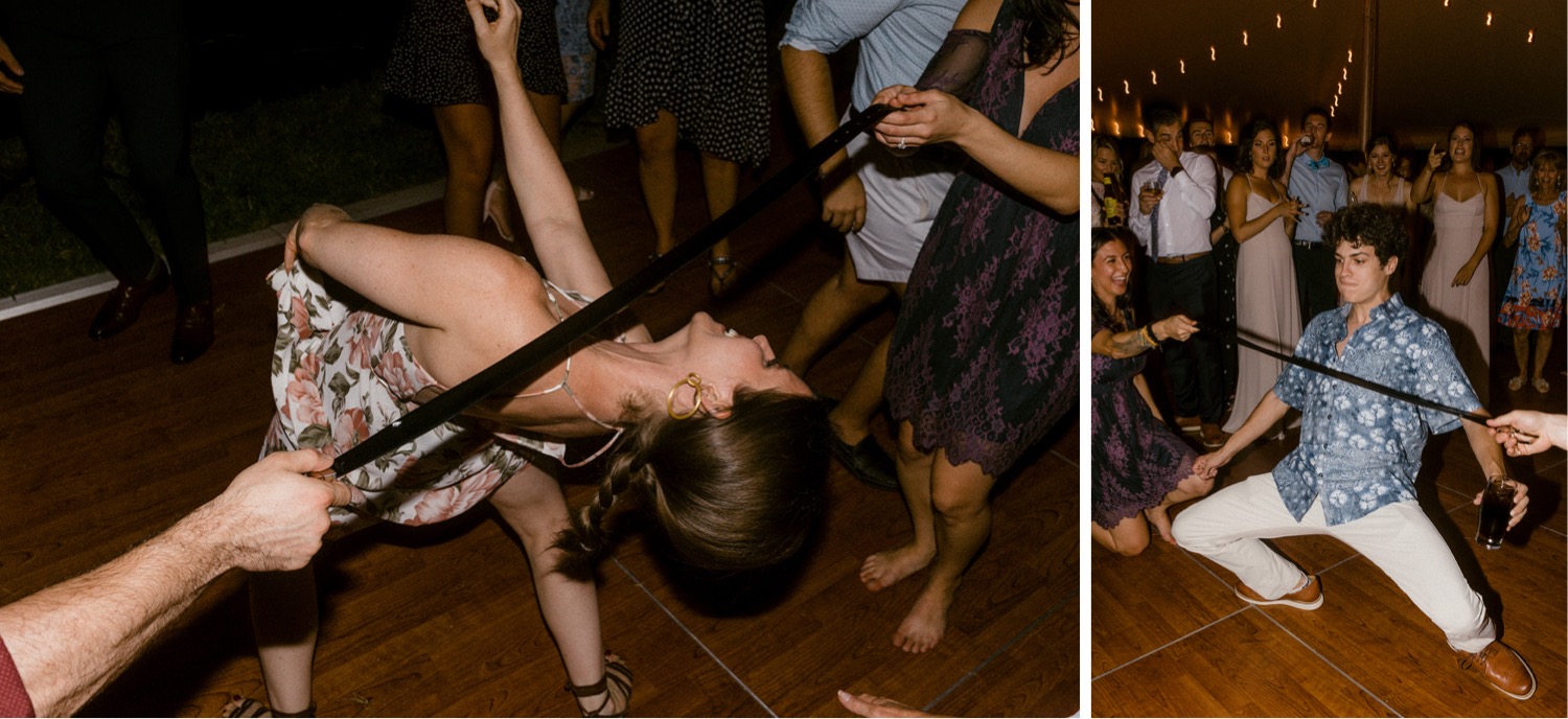 limbo with tie at wedding reception