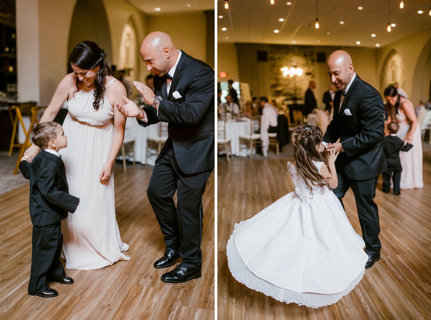 ring bearer and flower girl dancing at wedding reception