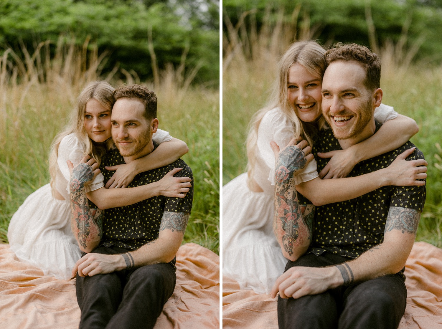 couple hugging from behind picnic in field bohemian engagement session