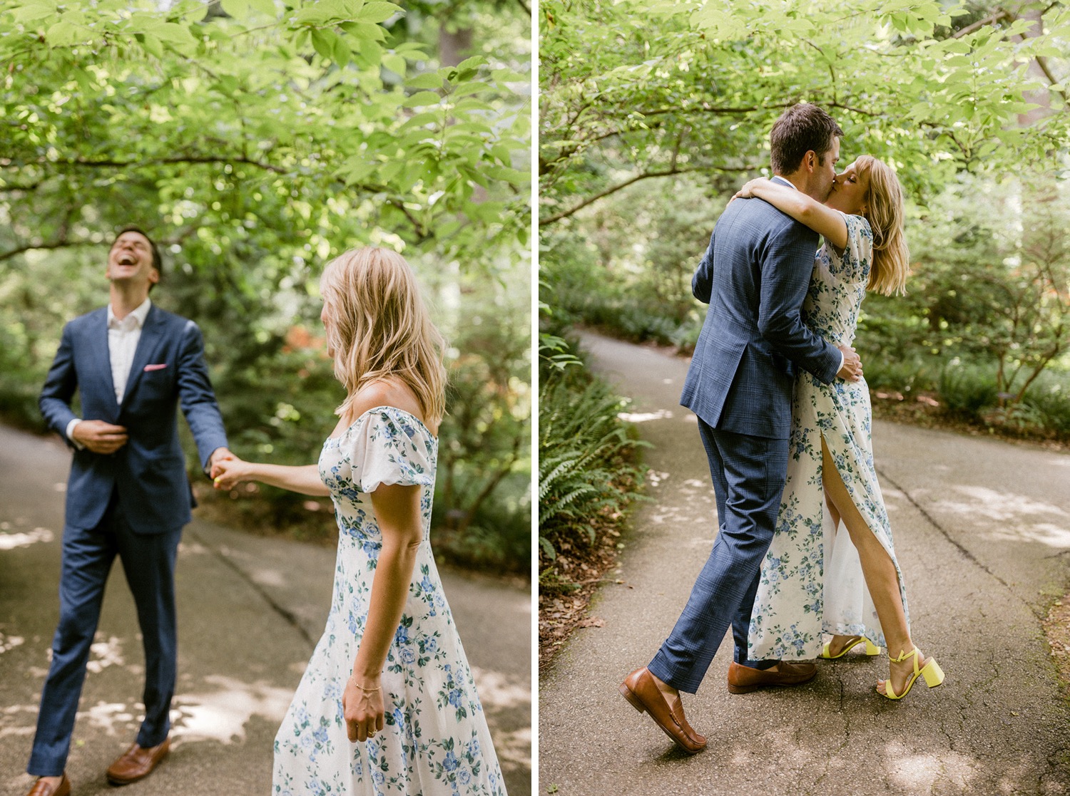 couple in formal attire dancing during outdoor engagement session