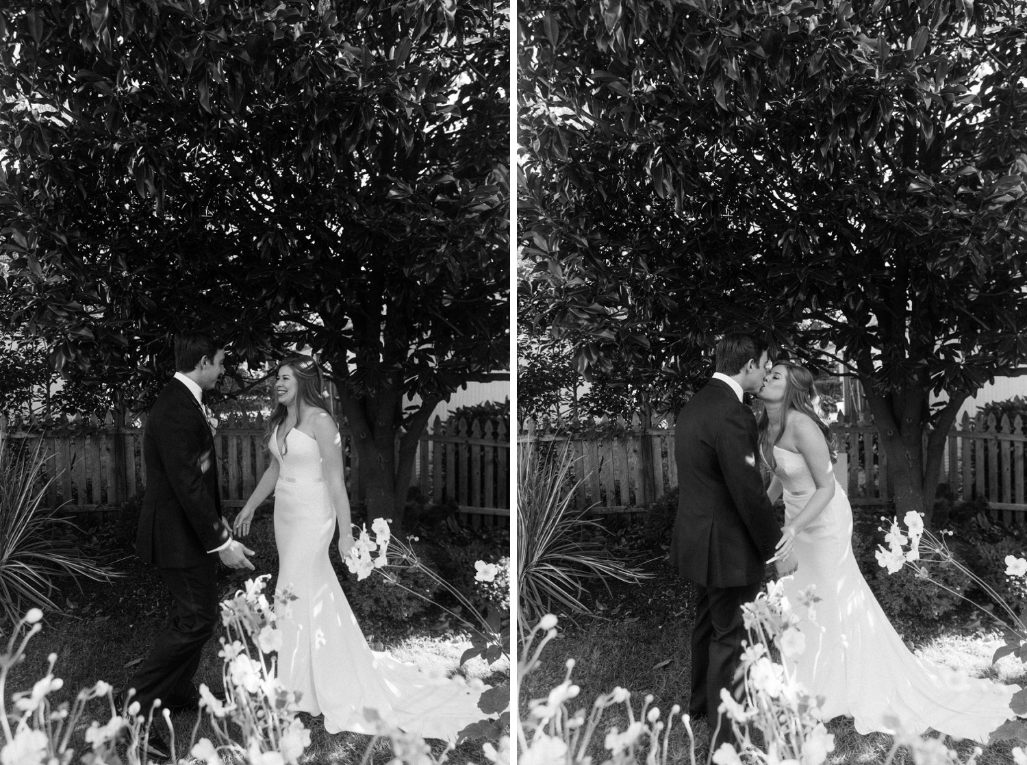 couple kissing in backyard wedding day first look