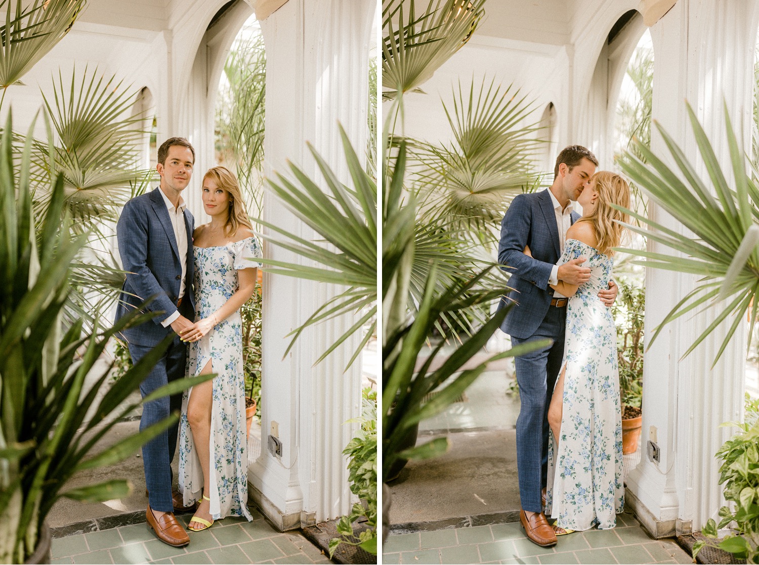 couple kissing surrounded by palms in longwood gardens