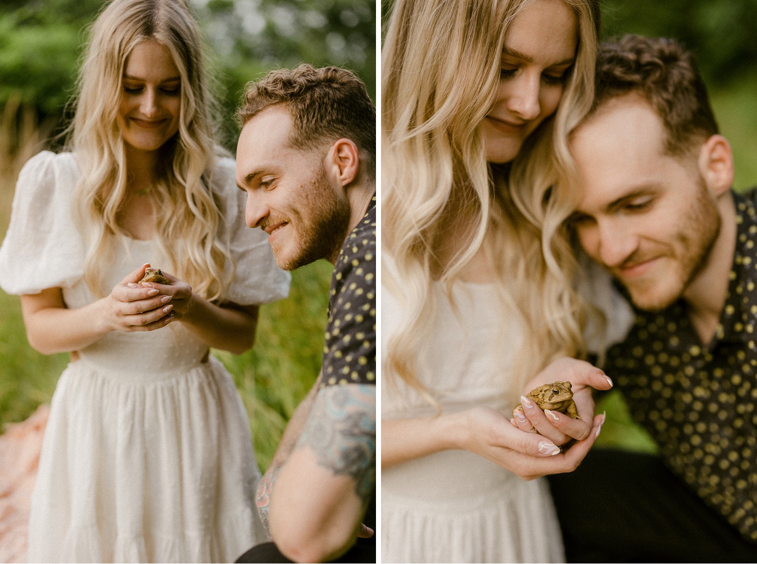 couple holding frog outdoor engagement session