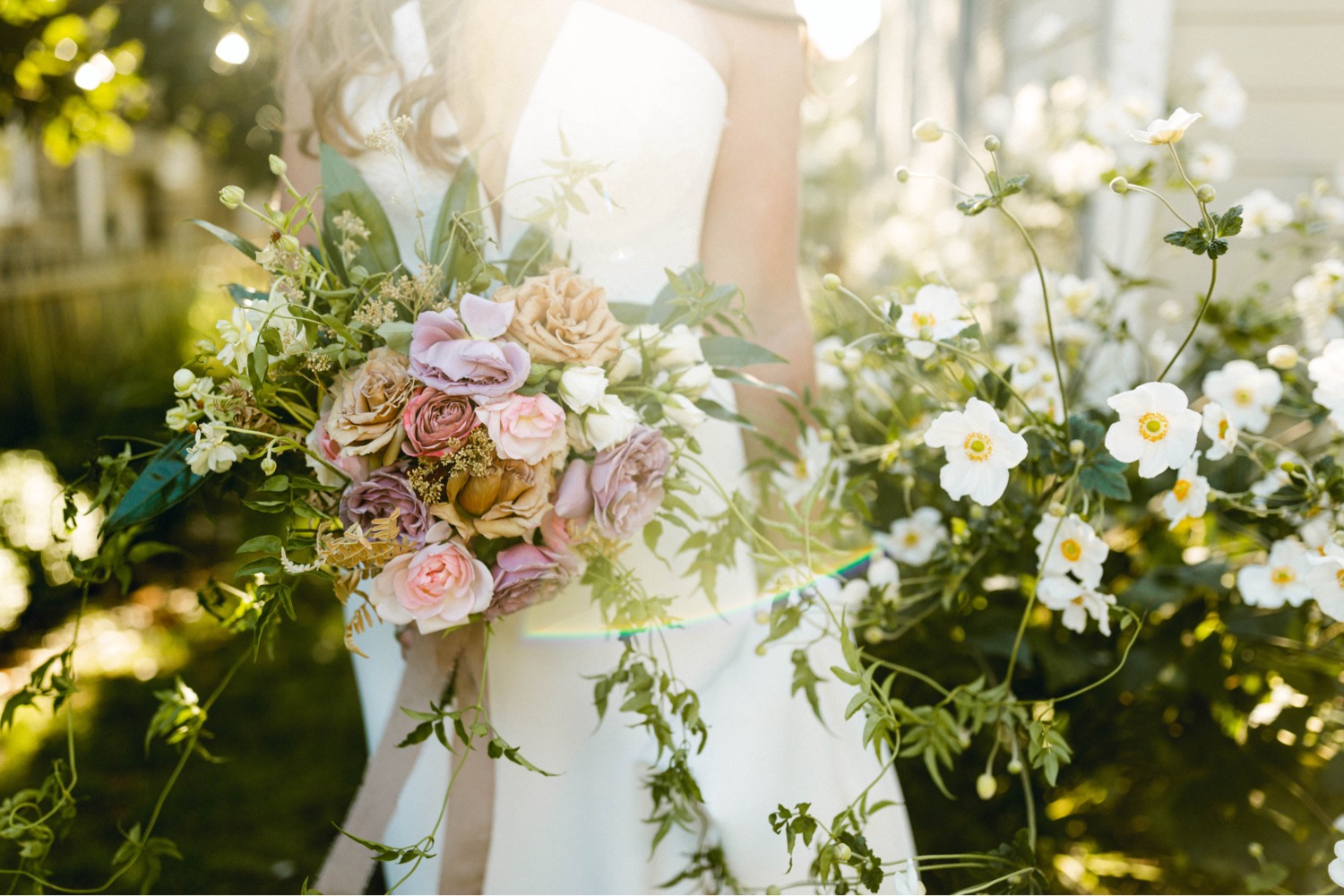 bridal bouquet pink green white luxurious backyard wedding