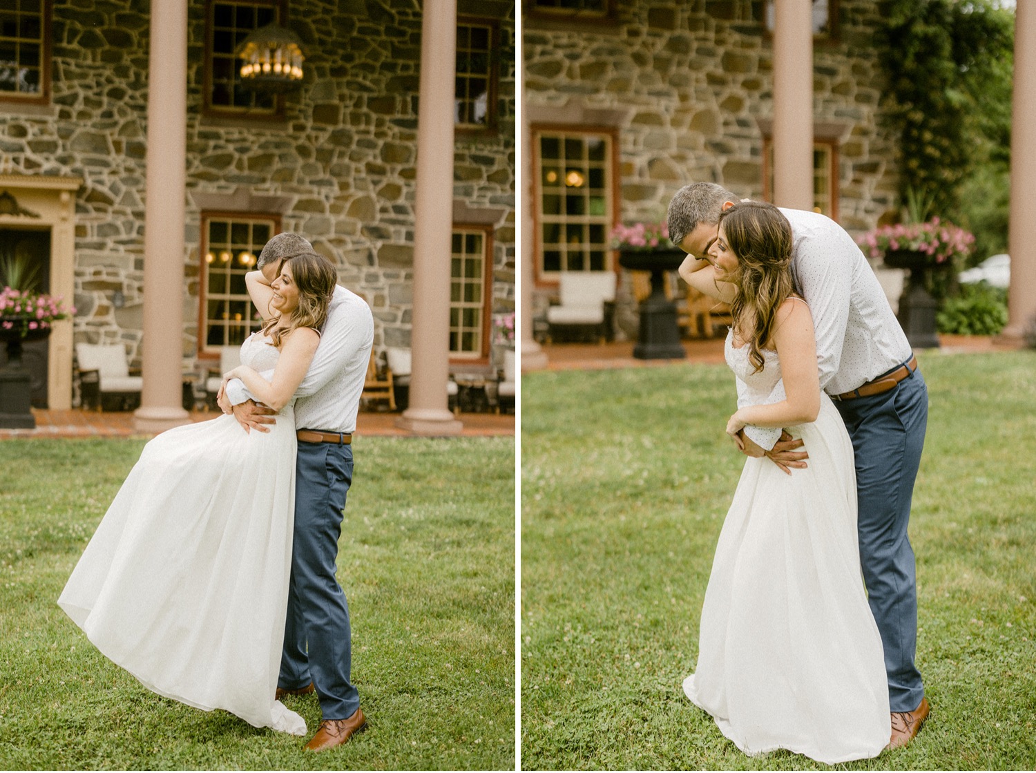 groom lifting bride laughing in front of stone house moonstone manor