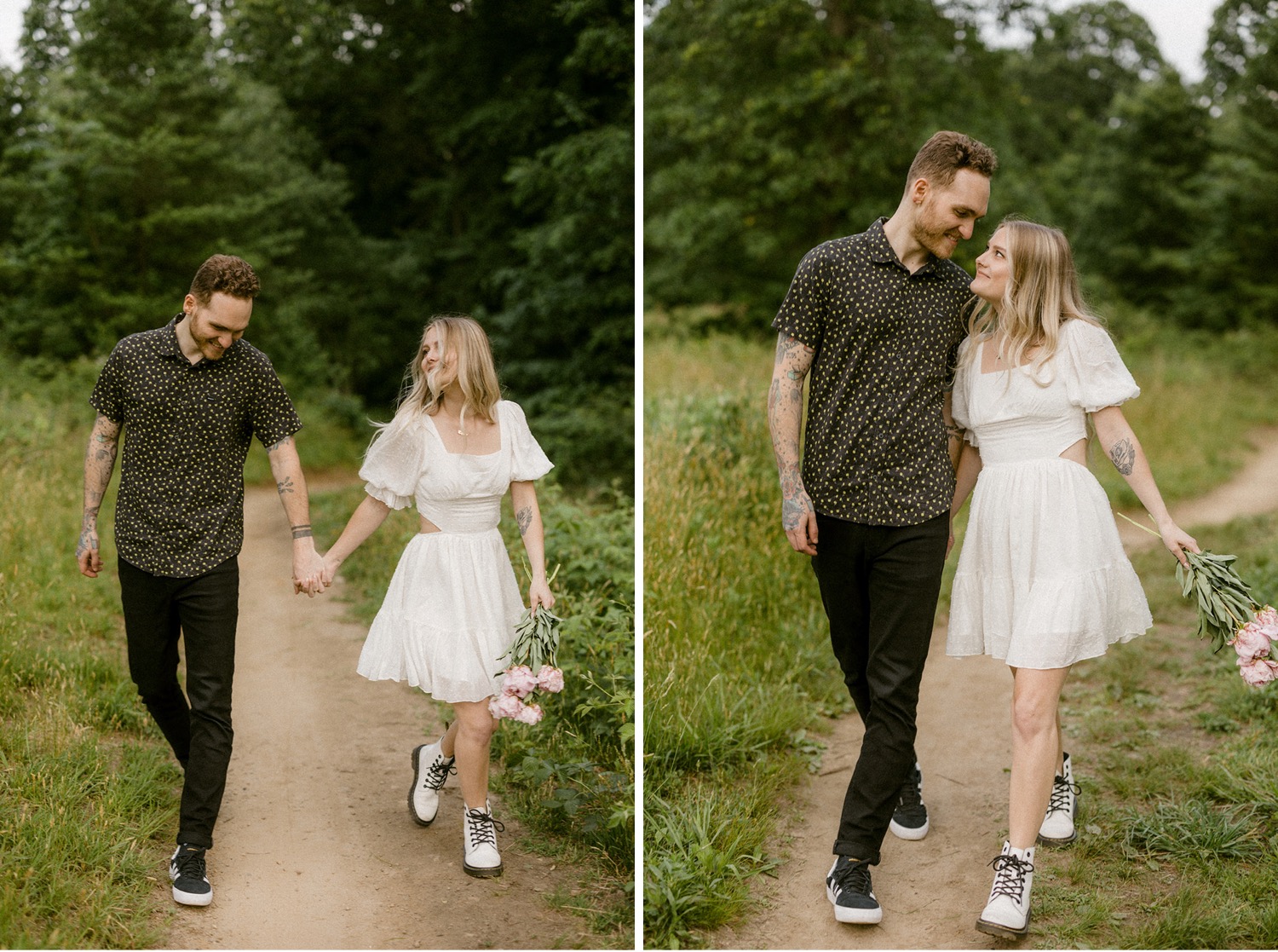couple holding hands walking on trail bohemian engagement session