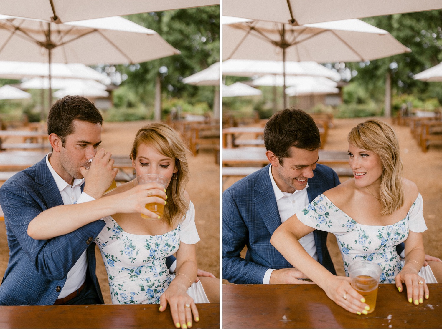couple drinking each others beer during outdoor engagement session