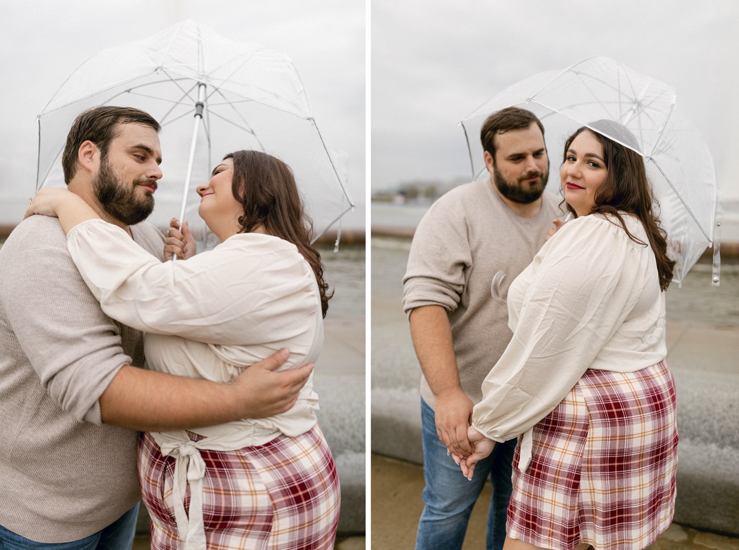 clear umbrella and fountain engagement session couple
