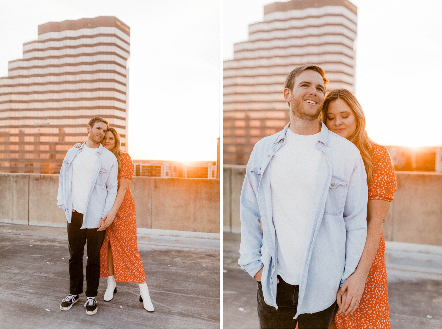couple on parking garage rooftop at golden hour