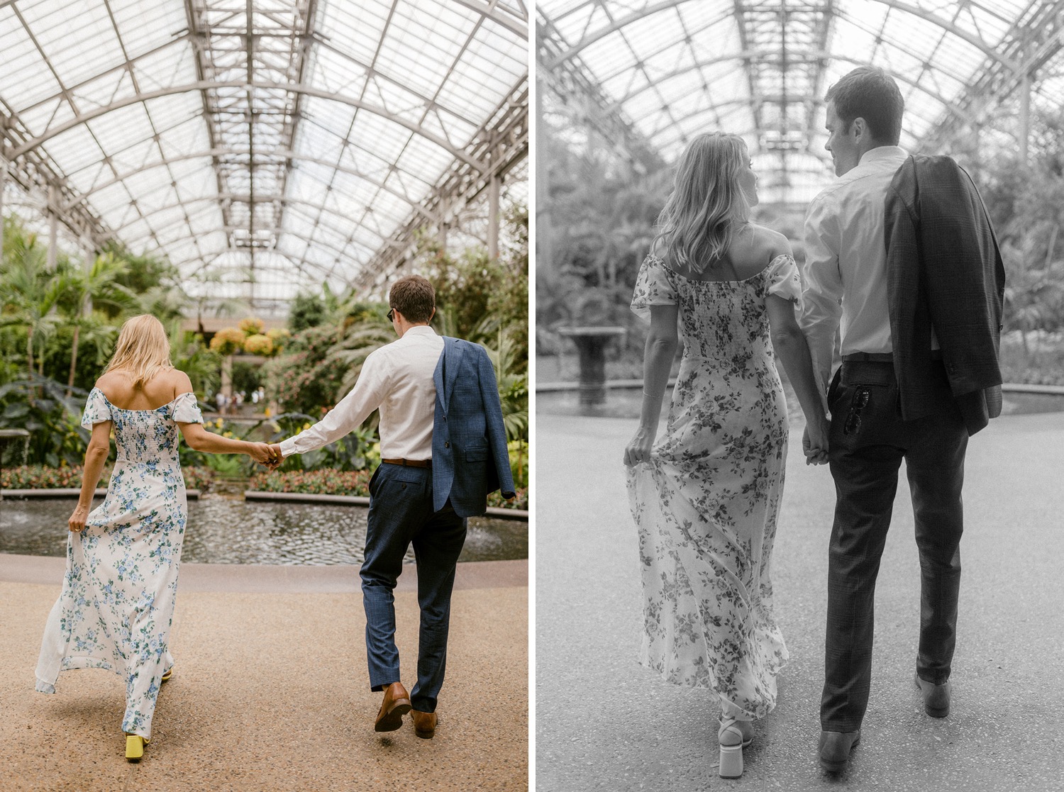 couple holding hands walking away in longwood gardens greenhouse